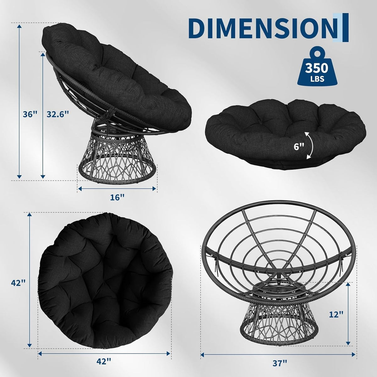 Papasan Chair 40 Inch All Black Ergonomic Comfortable-2