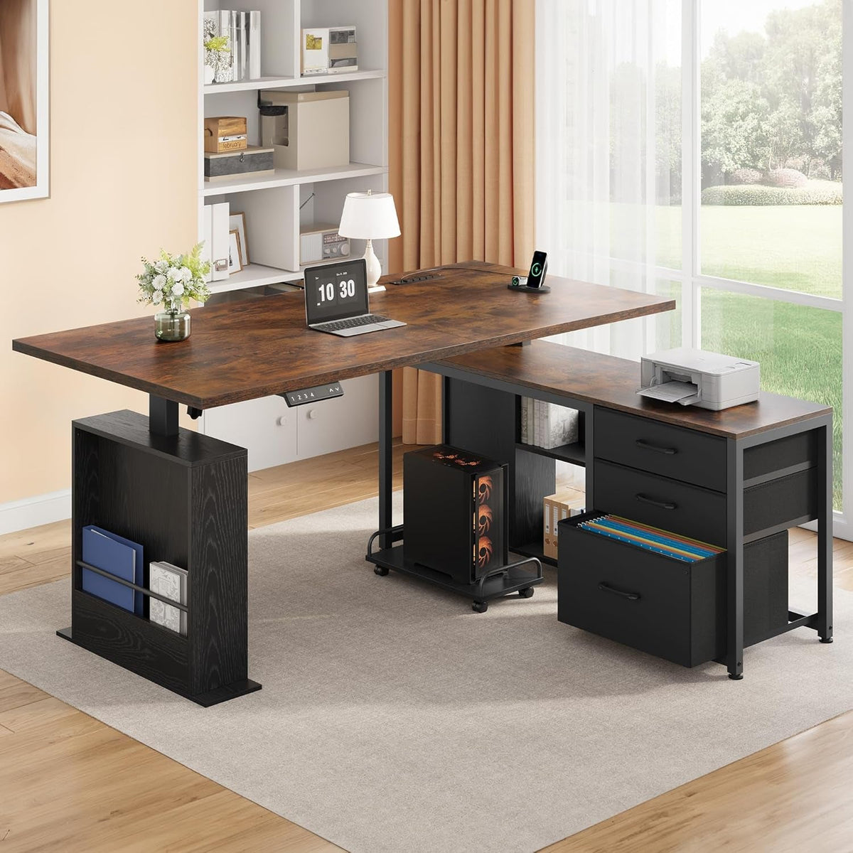 63 Inch L Shaped Desk Adjustable Height Rustic Brown Memory Presets-0
