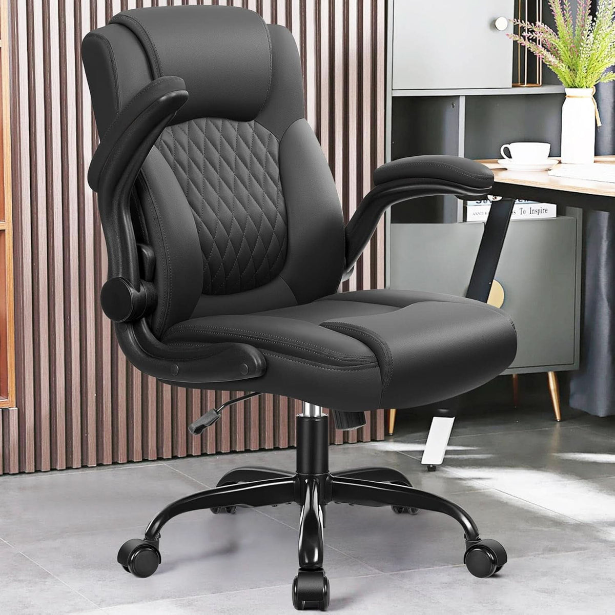 Ergonomic Leather Office Chair Adjustable Armrests Black-1