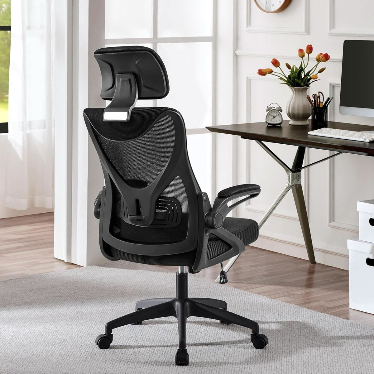 Black Ergonomic Office Chair With Adjustable Headrest And Flip Up Armrests-1