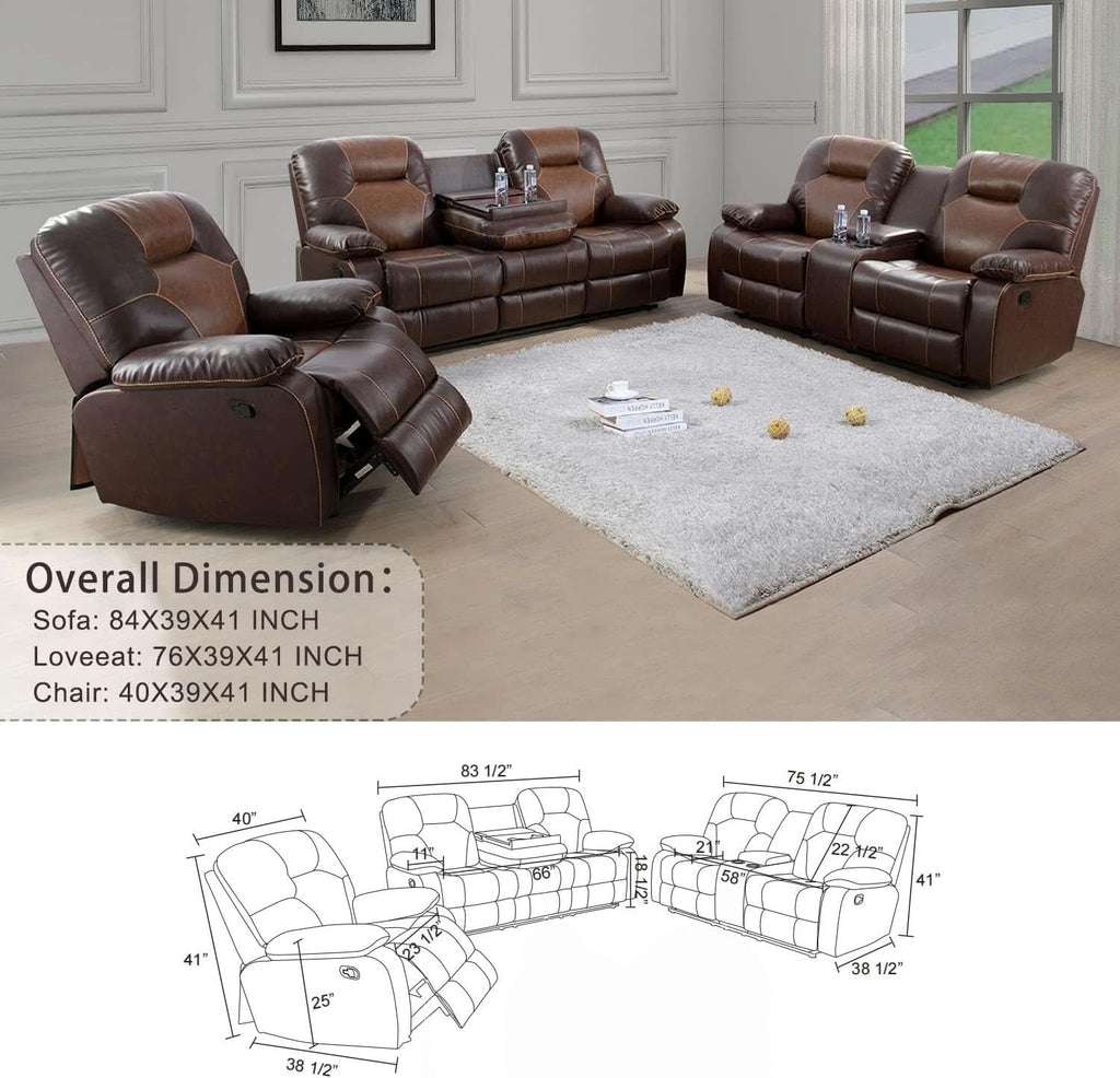 Manual Recliner Sofa Set Bonded Leather With Storage Console Brown 3 Piece-4