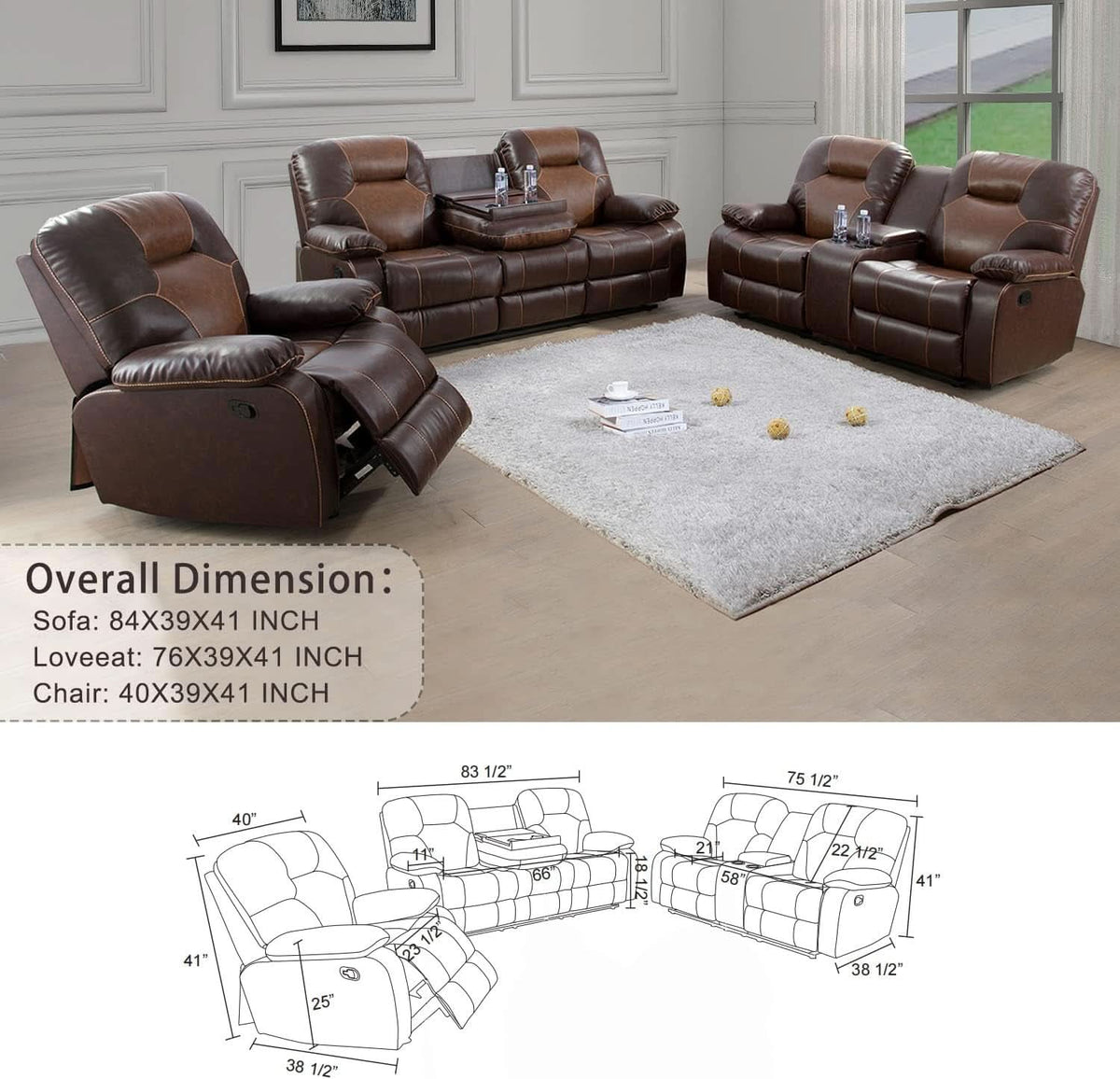 Manual Recliner Sofa Set Bonded Leather With Storage Console Brown 3 Piece-4