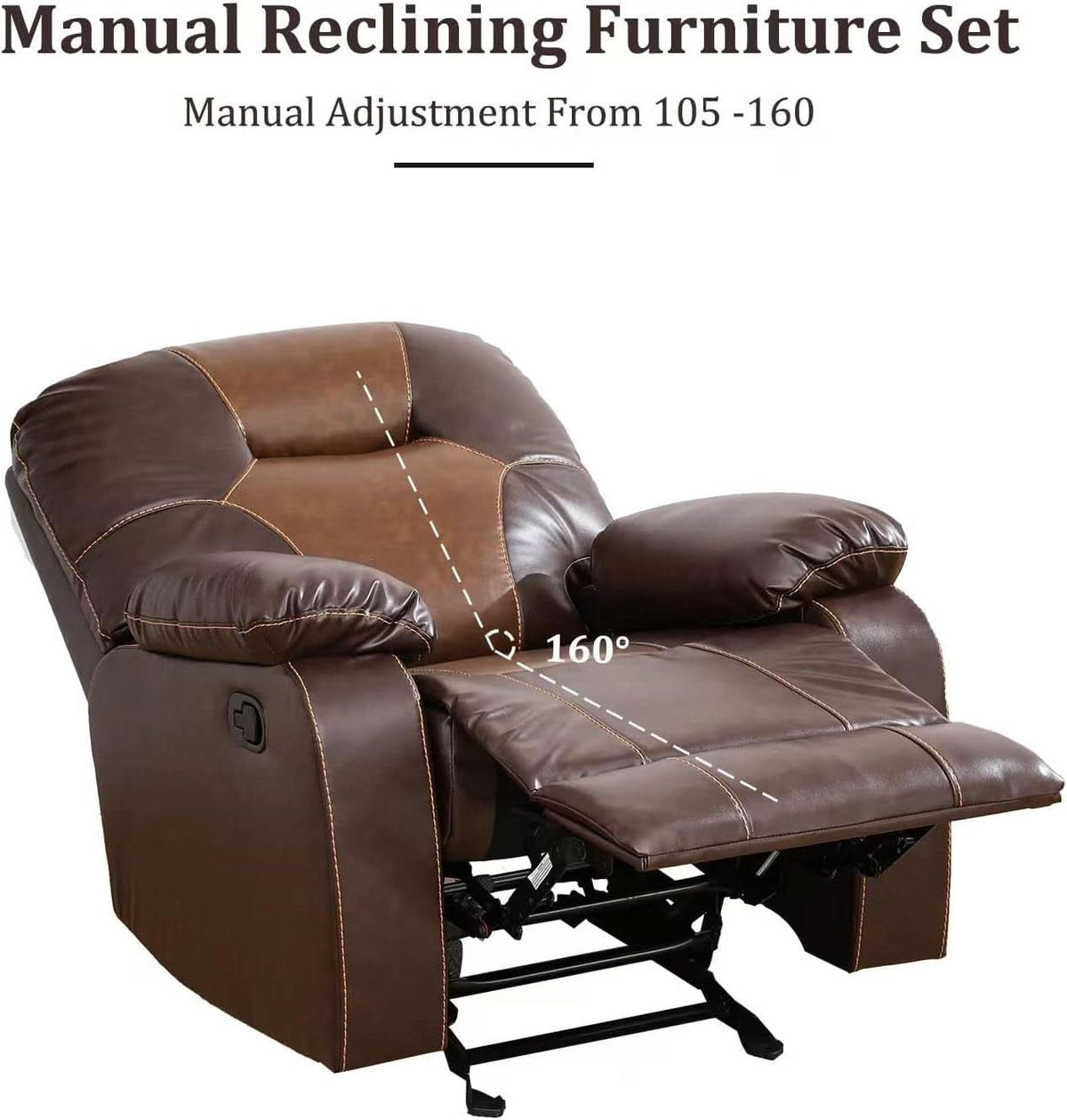 Manual Recliner Sofa Set Bonded Leather With Storage Console Brown 3 Piece-3