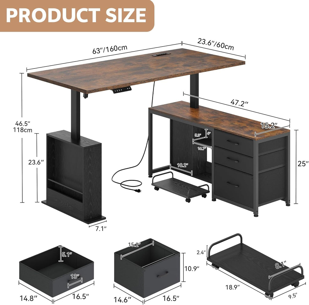 63 Inch L Shaped Desk Adjustable Height Rustic Brown Memory Presets-1
