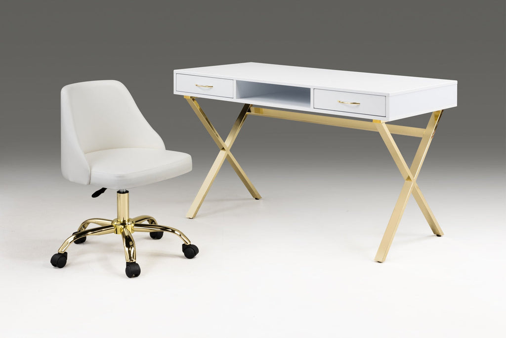 White & Gold Faux Leather Adjustable Height Office Chair | Swivel, Rolling, Elegant Style