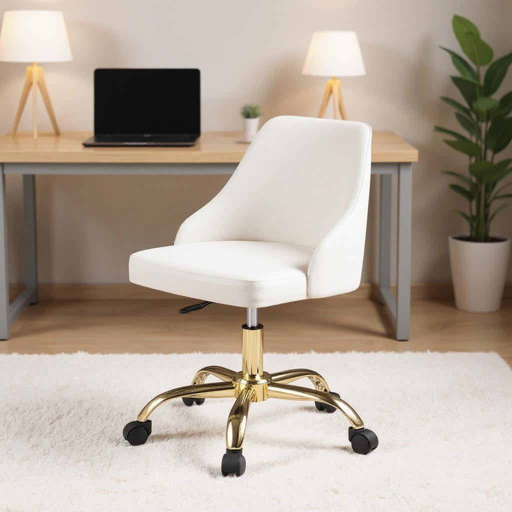White and Gold Faux Leather Adjustable Height Swivel Rolling Office Chair