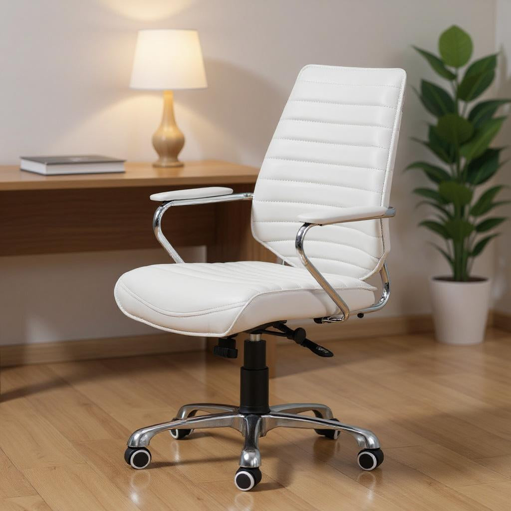 White and Silver Adjustable Height Swivel Rolling Office Chair
