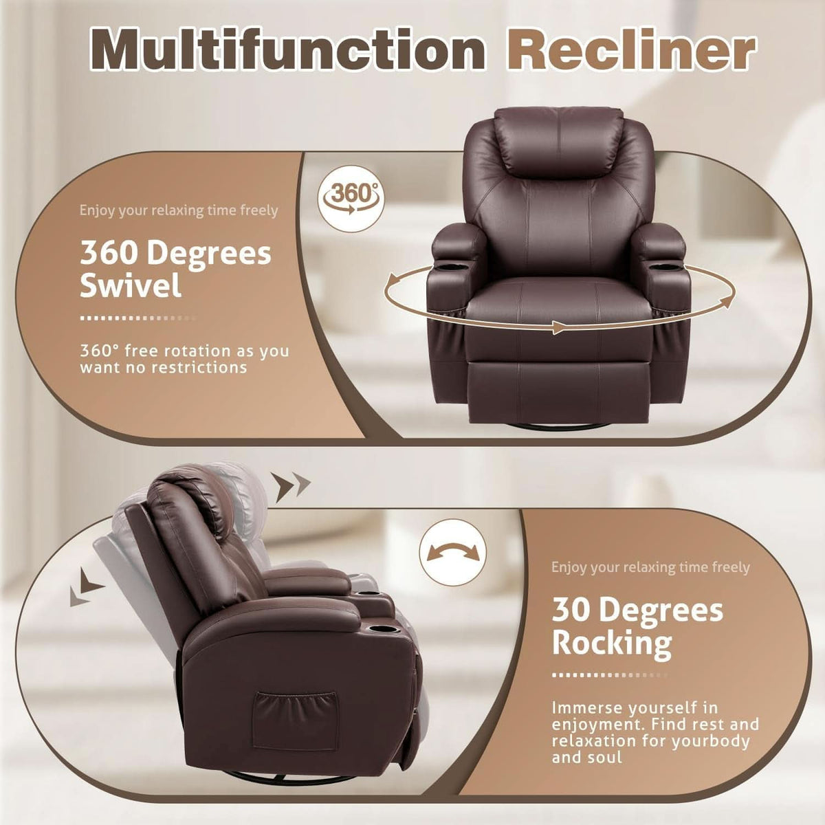 Dark Brown 360 Degree Swivel Recliner Chair With Massage-3