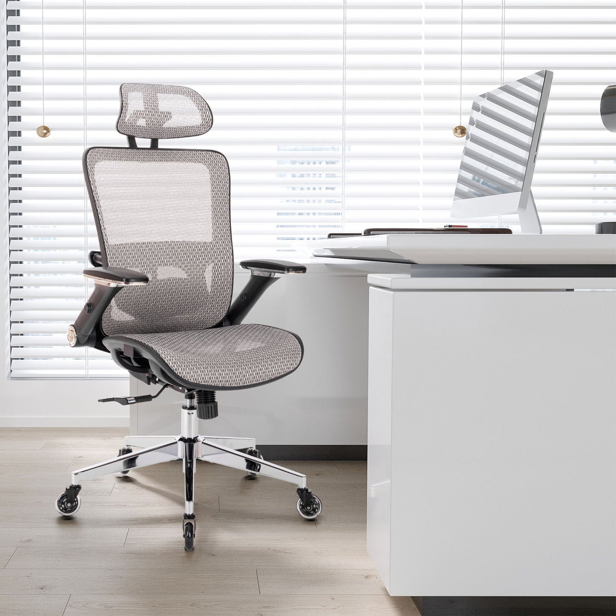 Gray High-Back Mesh Office Chair — Flip-Up Arms, Adjustable Headrest, 275 lb Capacity