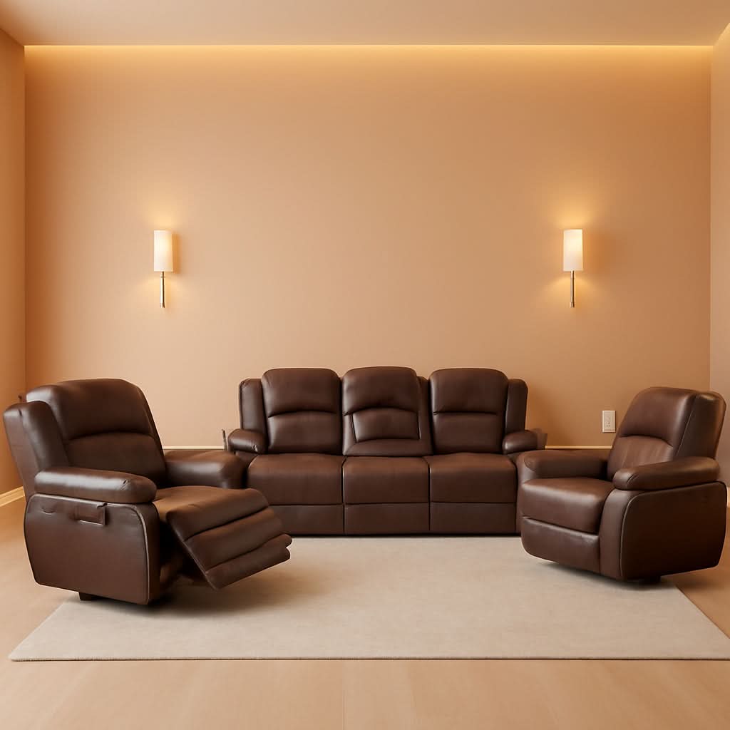 Manual Recliner Sofa Set Bonded Leather With Storage Console Brown 3 Piece-0