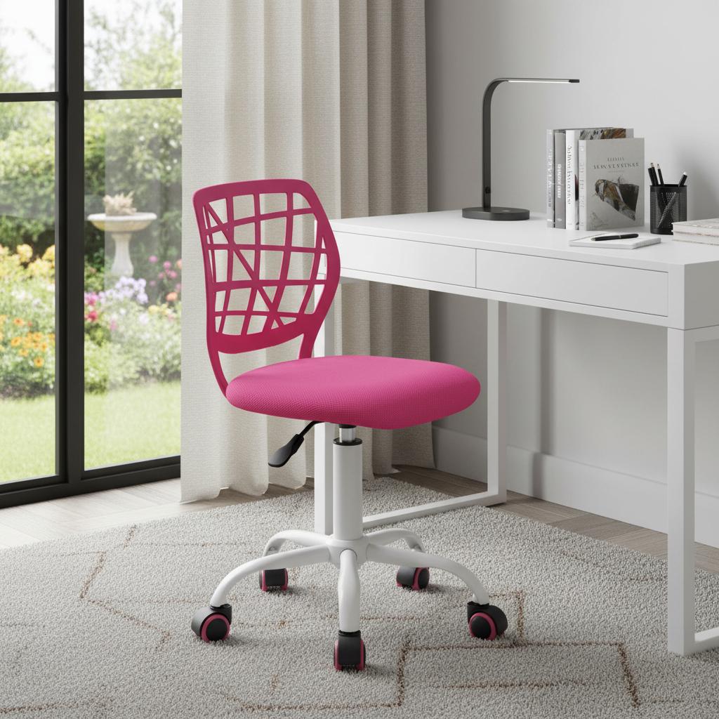 Pink and White Adjustable Height Swivel Rolling Office Chair