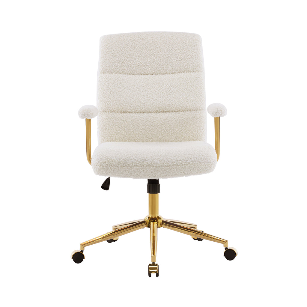 White & Gold Boucle Executive Office Chair | Swivel Rolling, Luxury Textured Fabric