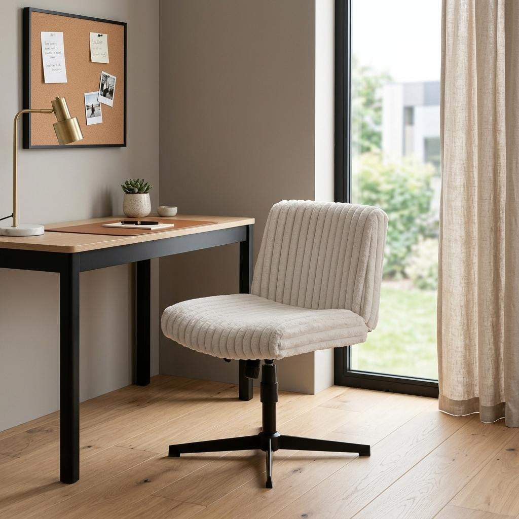 Ivory & Black Faux Fur Gaming Chair | Adjustable Height, Swivel Rolling, Plush Comfort