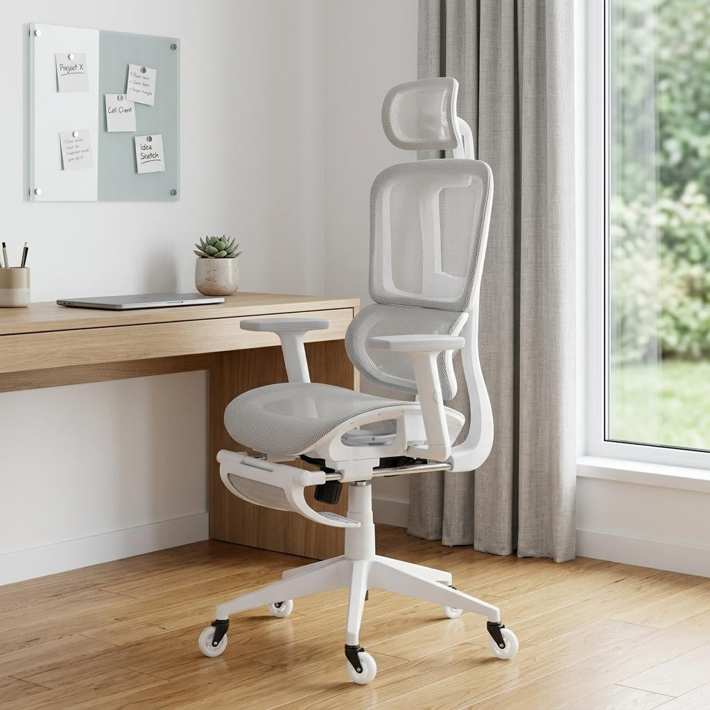 Light Gray & White Gaming Chair with Footrest | Adjustable Height, Swivel Rolling, Full Support