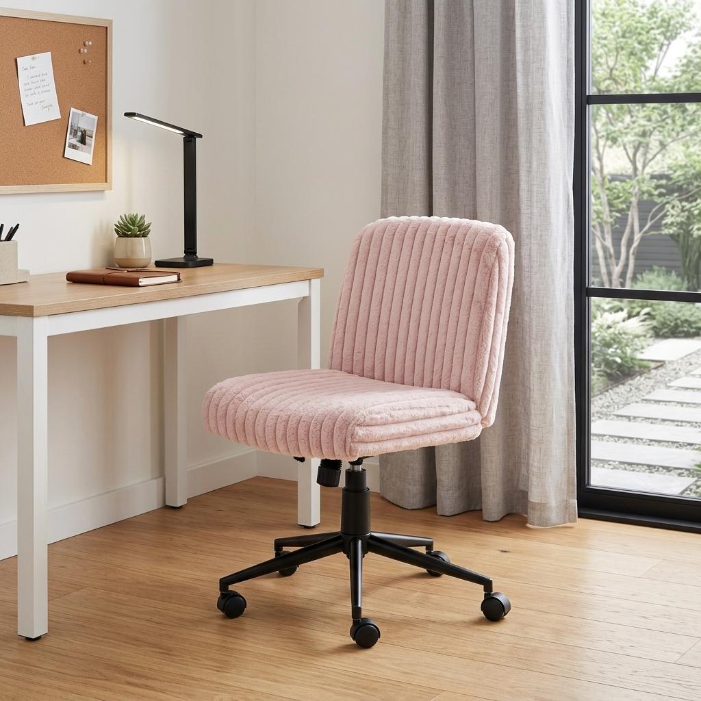 Pink & Black Faux Fur Gaming Chair | Adjustable Height, Swivel Rolling, Plush Feminine Style