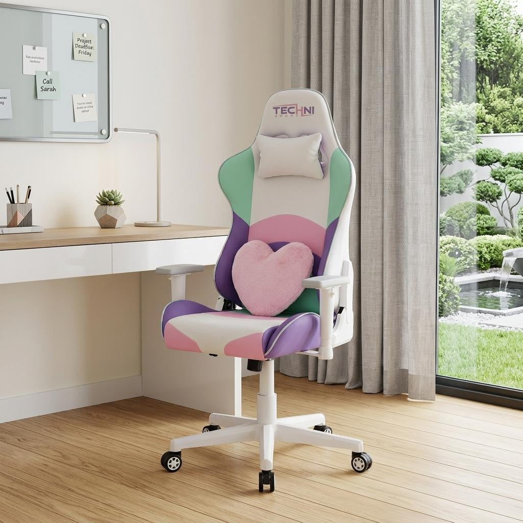 Pink Purple & White Gaming Chair | Swivel Rolling, Pastel Multi-Tone Style