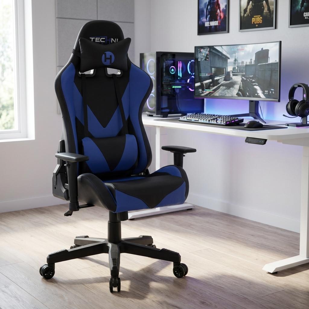 Blue And Black Swivel Rolling Gaming Chair