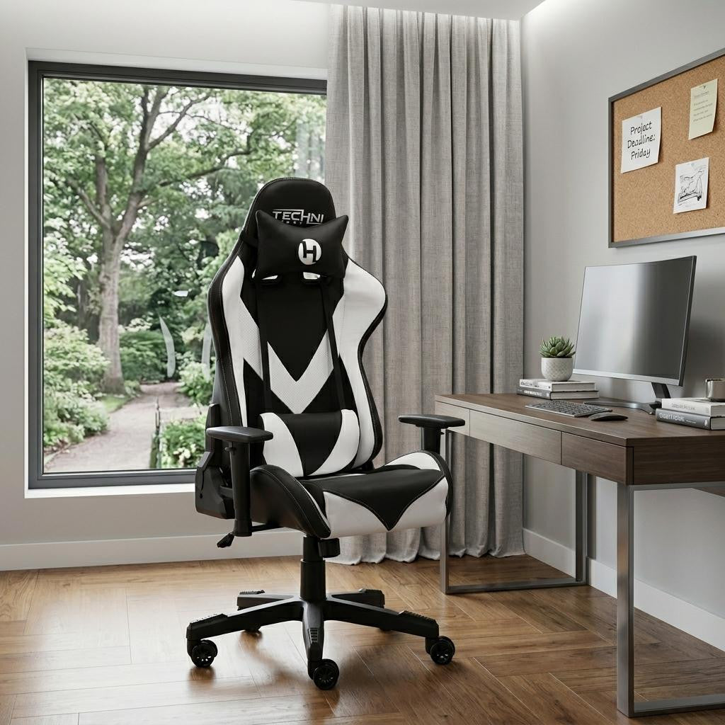 White & Black Gaming Chair | Swivel Rolling, Clean Contrast Racing Style