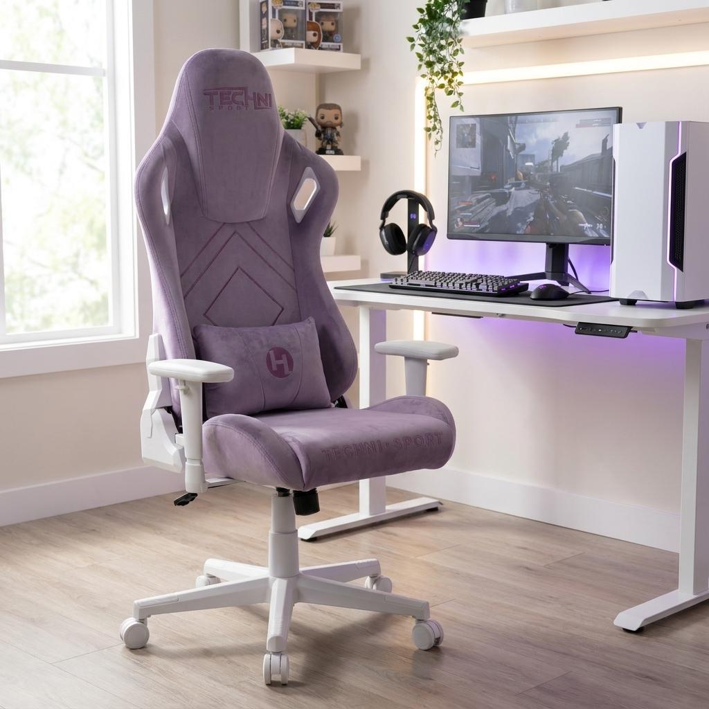 Purple And White Velvet Swivel Rolling Gaming Chair