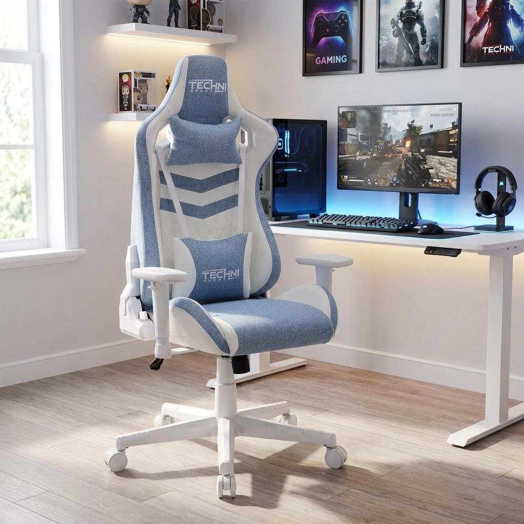 Blue And White Swivel Rolling Gaming Chair