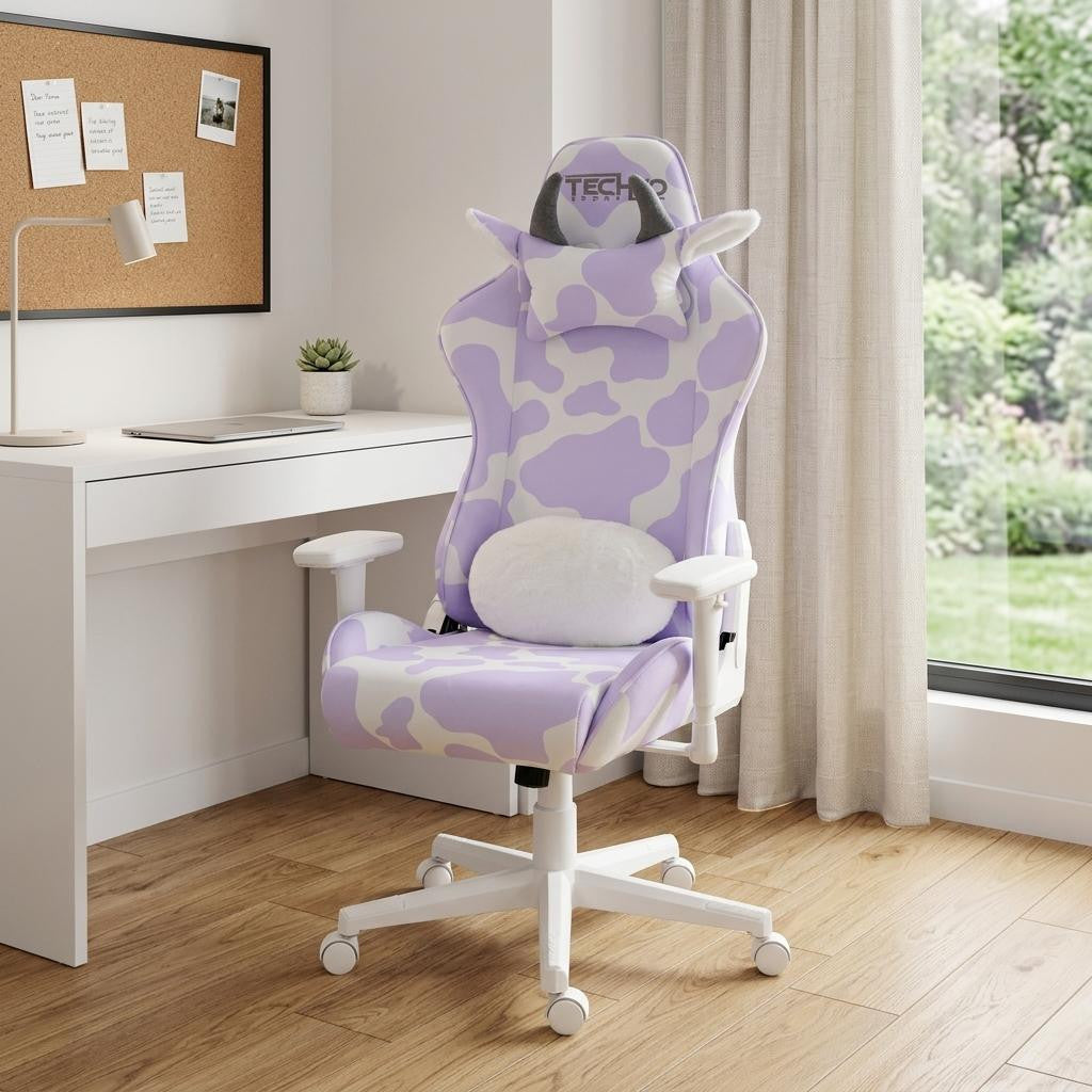 Lavender & White Cow Print Gaming Chair | Adjustable Height, Rolling, Unique Statement Style