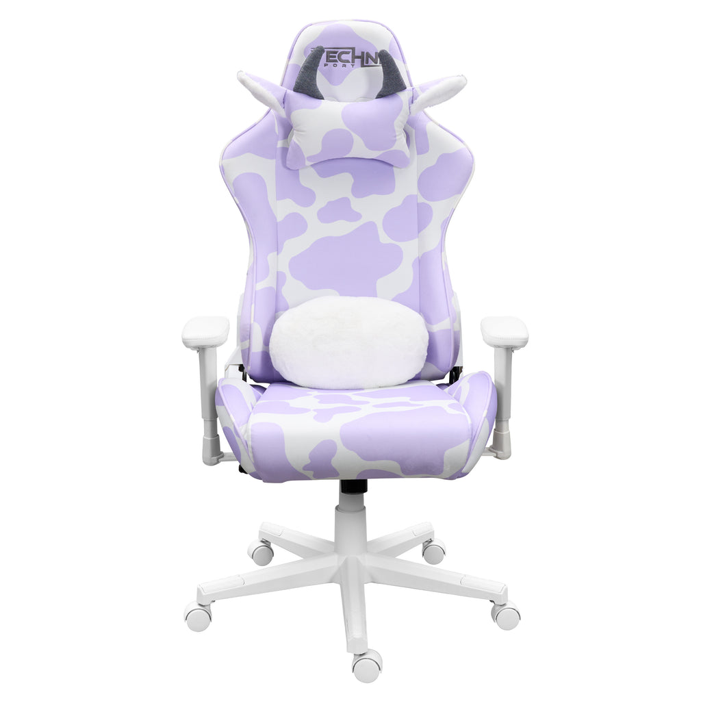Lavender & White Cow Print Gaming Chair | Adjustable Height, Rolling, Unique Statement Style