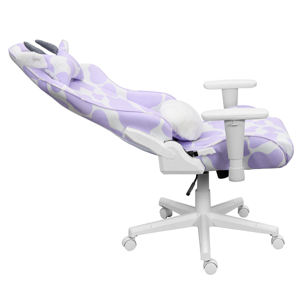 Lavender & White Cow Print Gaming Chair | Adjustable Height, Rolling, Unique Statement Style