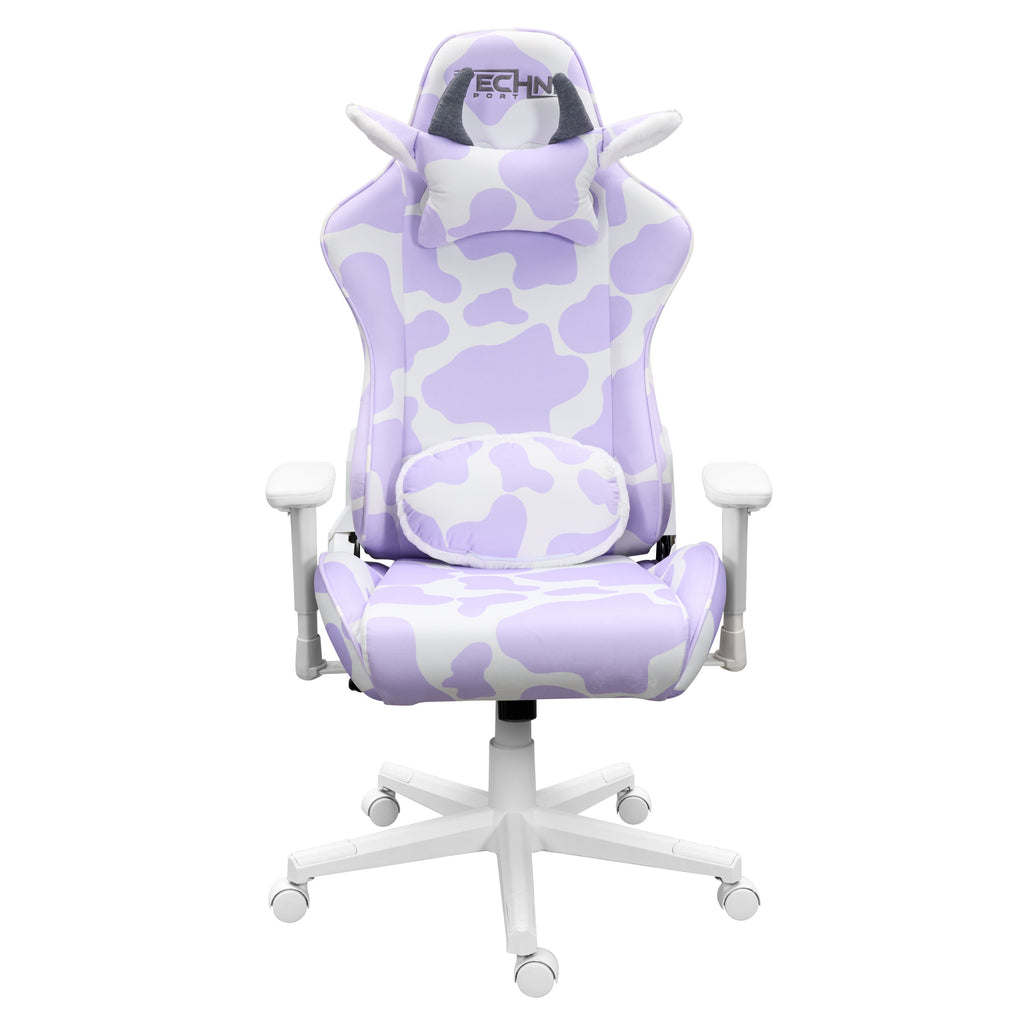 Lavender & White Cow Print Gaming Chair | Adjustable Height, Rolling, Unique Statement Style