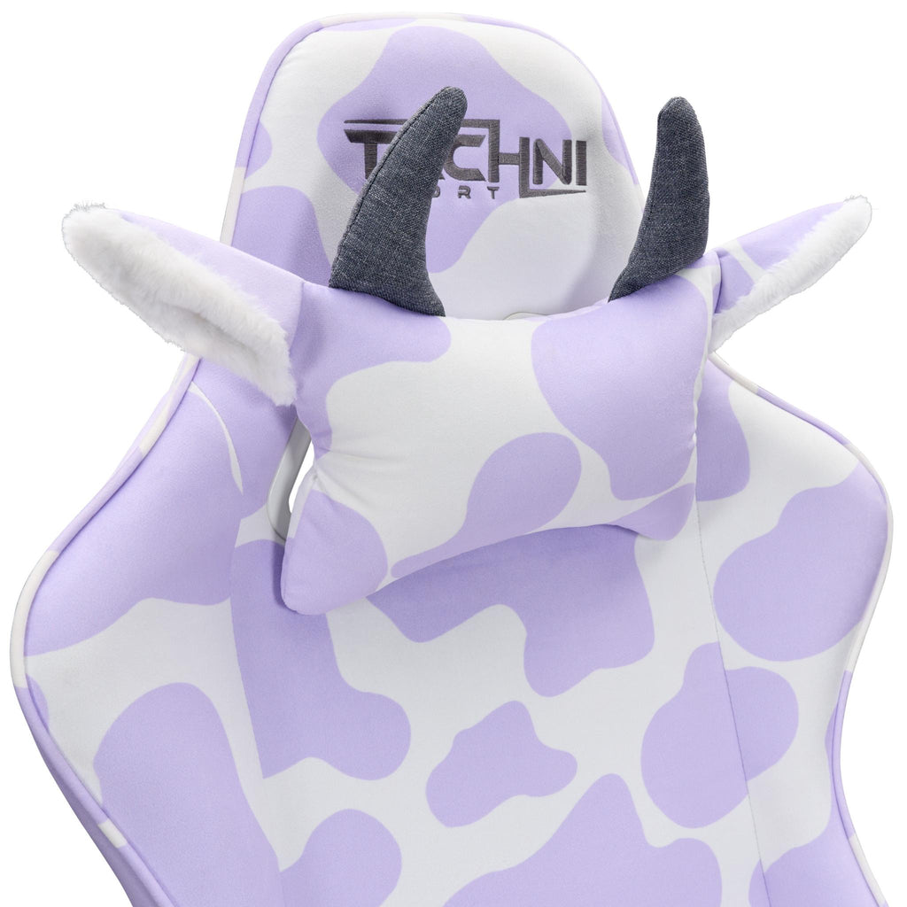 Lavender & White Cow Print Gaming Chair | Adjustable Height, Rolling, Unique Statement Style