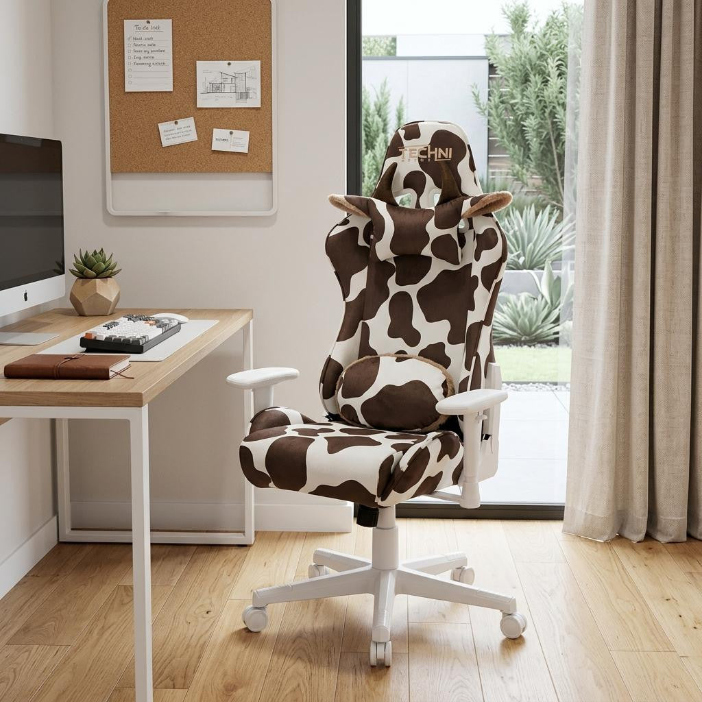 Brown & White Cow Print Gaming Chair | Adjustable Height, Rolling, Rustic Statement Design