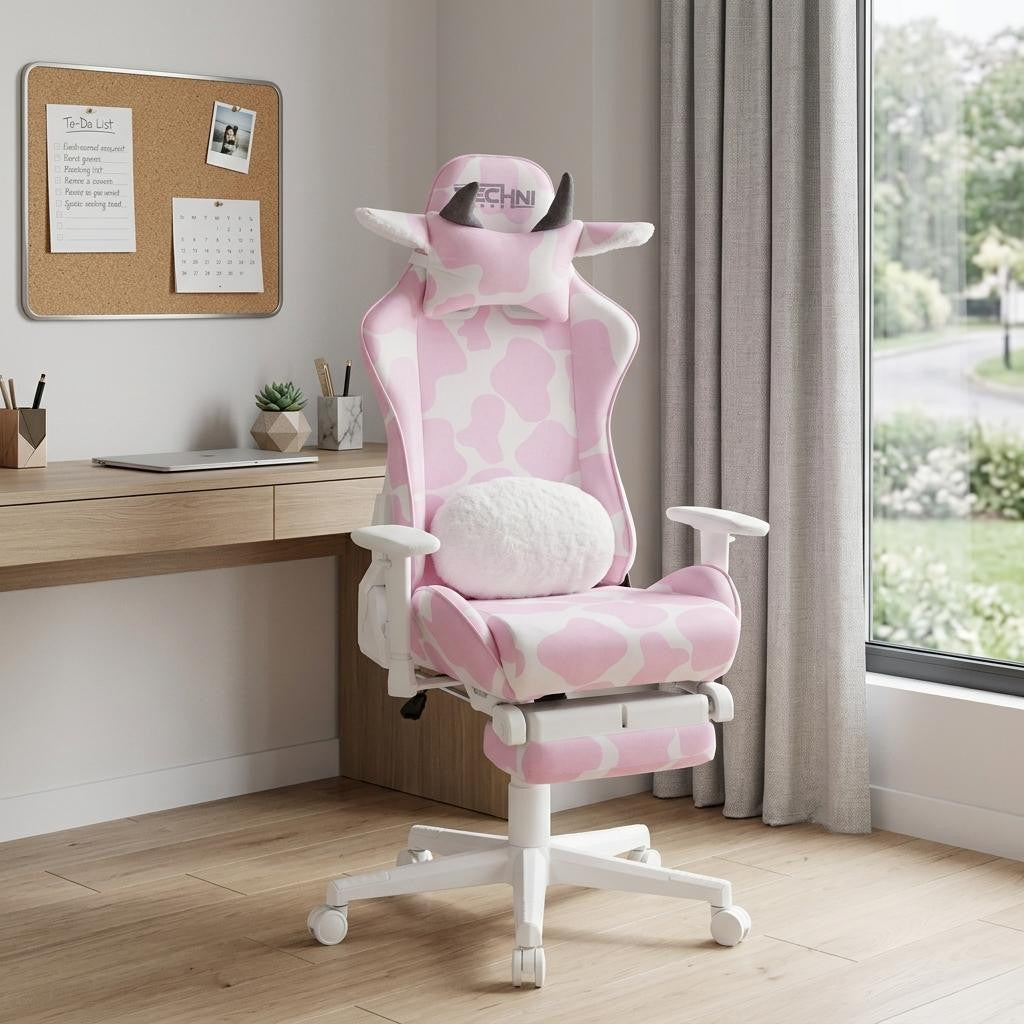 Pink & White Cow Print Gaming Chair with Footrest | Adjustable Height, Rolling, Full Support