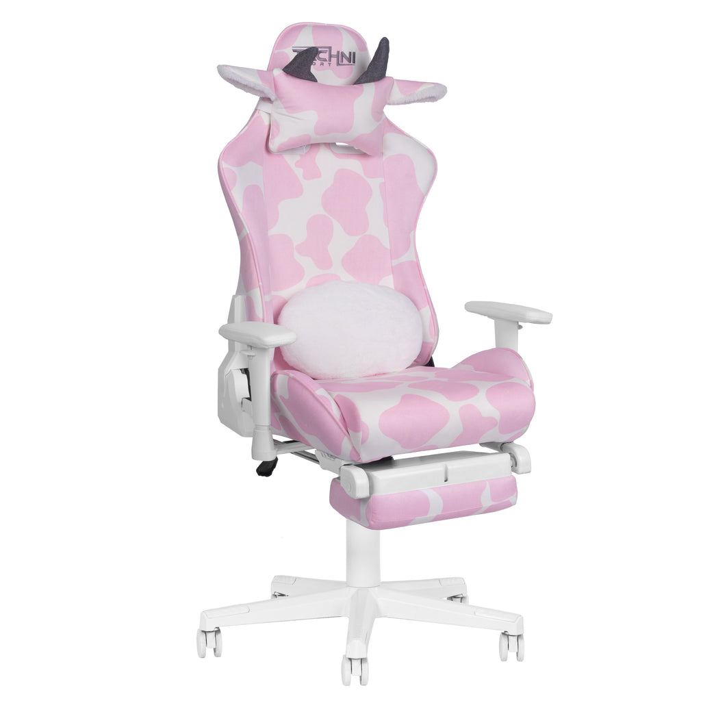 Pink & White Cow Print Gaming Chair with Footrest | Adjustable Height, Rolling, Full Support