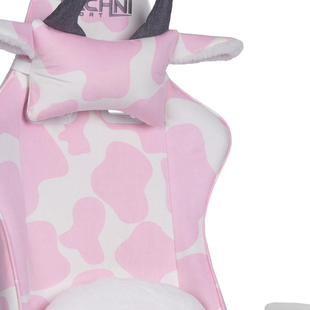 Pink & White Cow Print Gaming Chair with Footrest | Adjustable Height, Rolling, Full Support