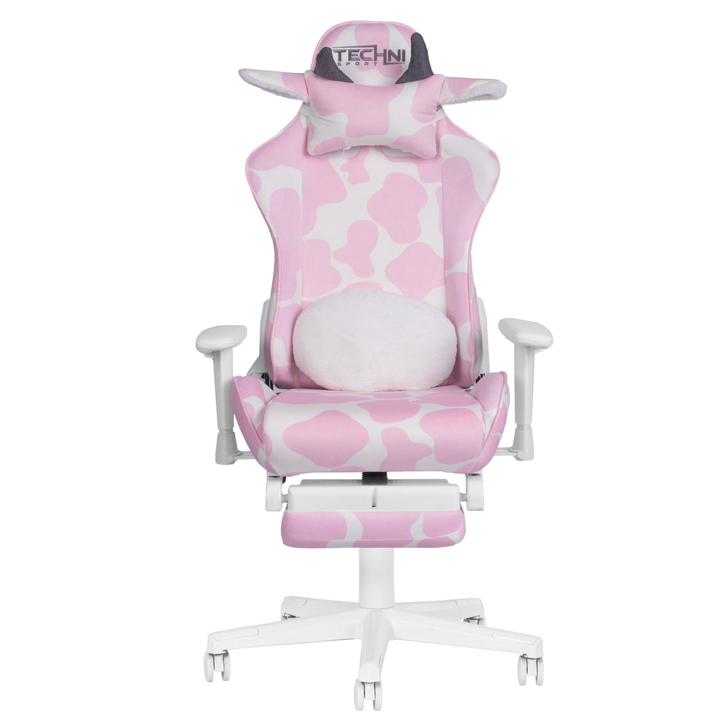 Pink & White Cow Print Gaming Chair with Footrest | Adjustable Height, Rolling, Full Support