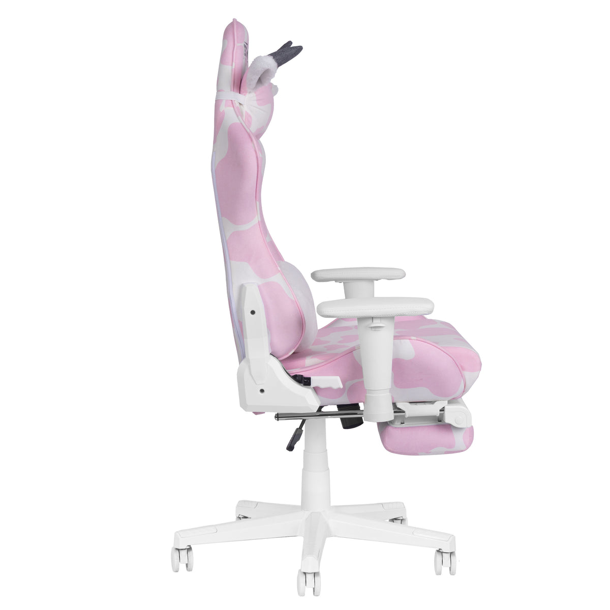 Pink & White Cow Print Gaming Chair with Footrest | Adjustable Height, Rolling, Full Support