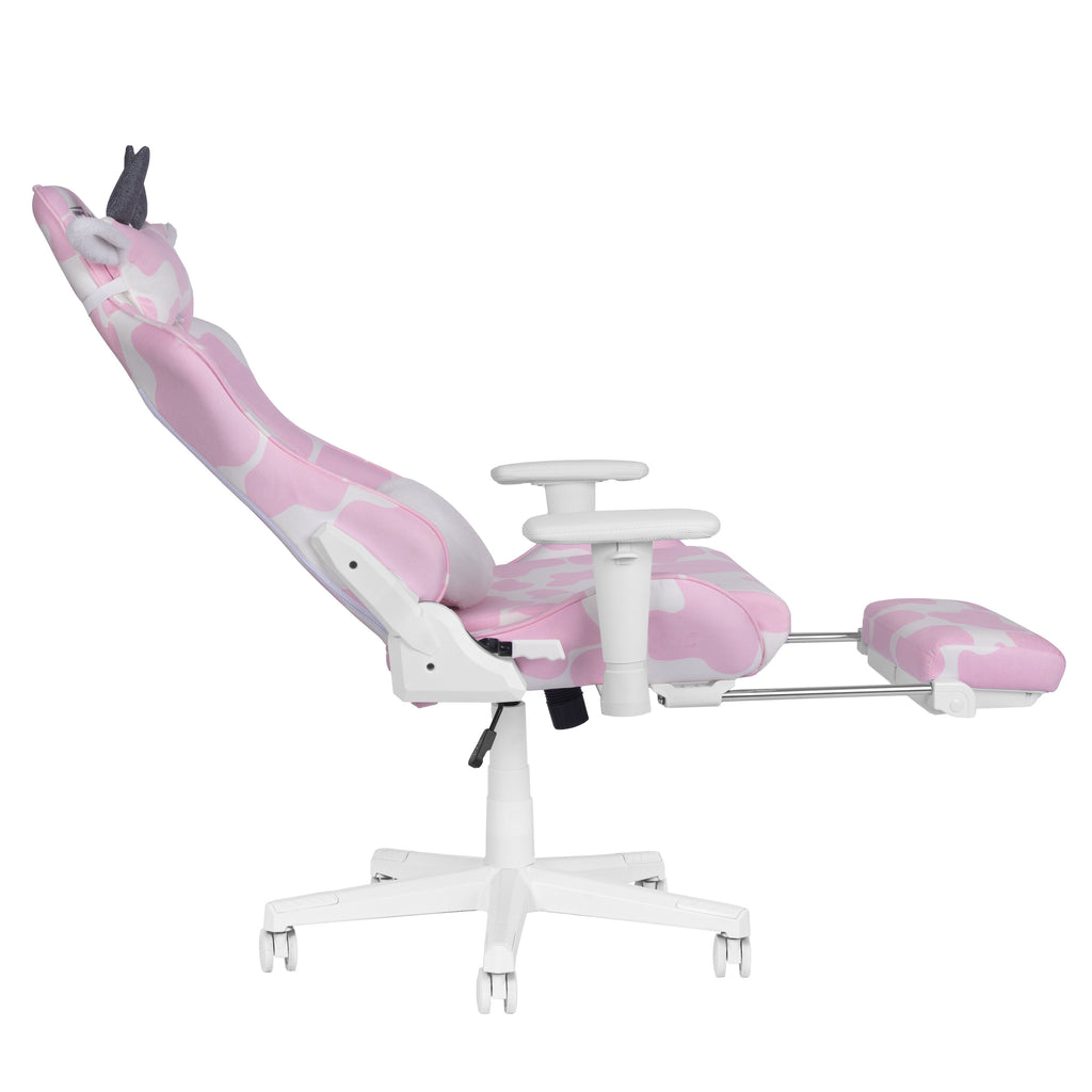 Pink & White Cow Print Gaming Chair with Footrest | Adjustable Height, Rolling, Full Support