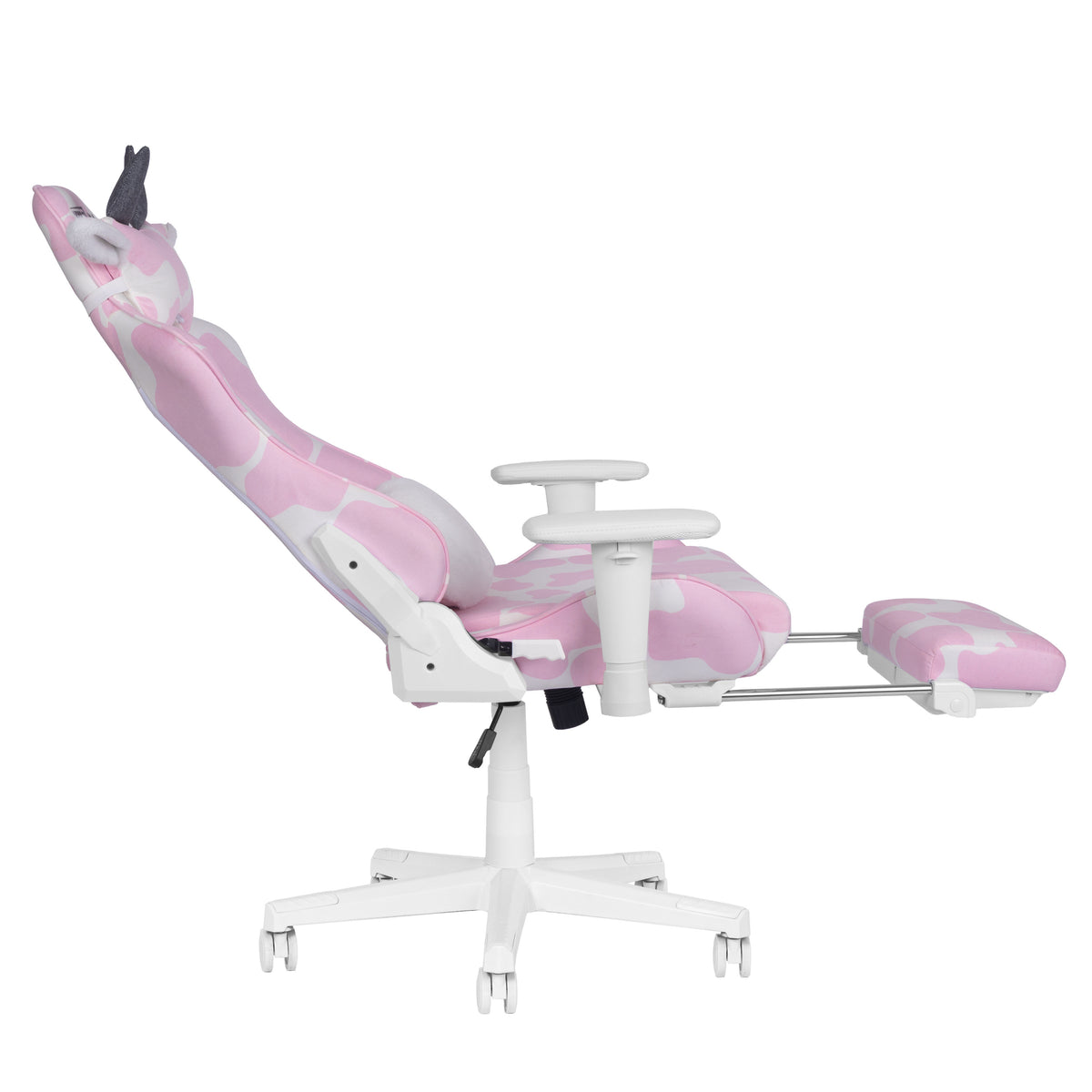 Pink & White Cow Print Gaming Chair with Footrest | Adjustable Height, Rolling, Full Support