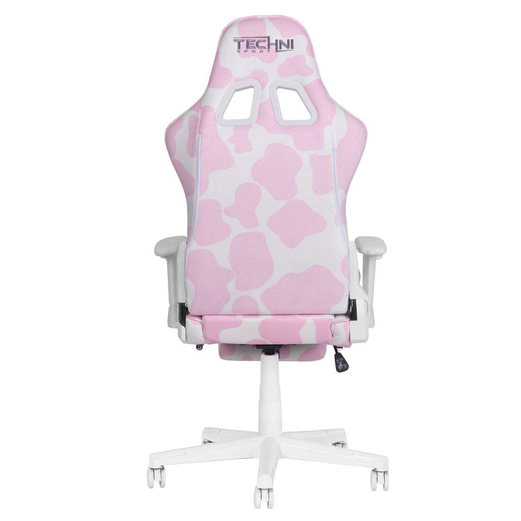 Pink & White Cow Print Gaming Chair with Footrest | Adjustable Height, Rolling, Full Support