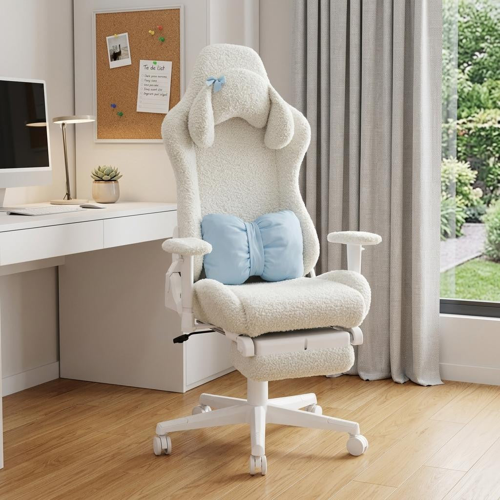 White Adjustable Height Gaming Chair with Footrest | Swivel Rolling, Clean Full Support
