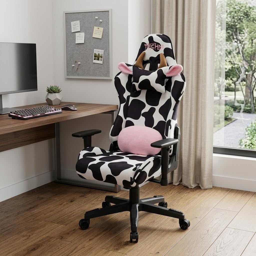 Black White & Pink Cow Print Gaming Chair | Adjustable Height, Swivel Rolling, Bold Statement