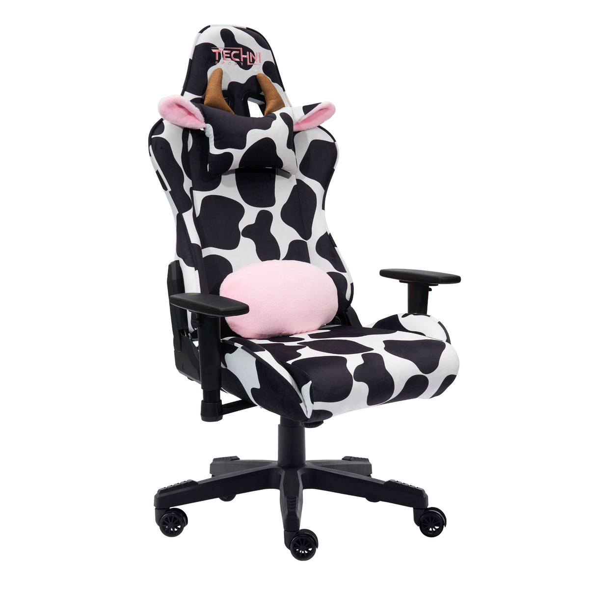 Black White & Pink Cow Print Gaming Chair | Adjustable Height, Swivel Rolling, Bold Statement