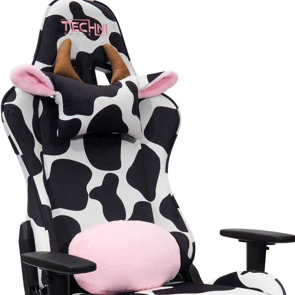 Black White & Pink Cow Print Gaming Chair | Adjustable Height, Swivel Rolling, Bold Statement