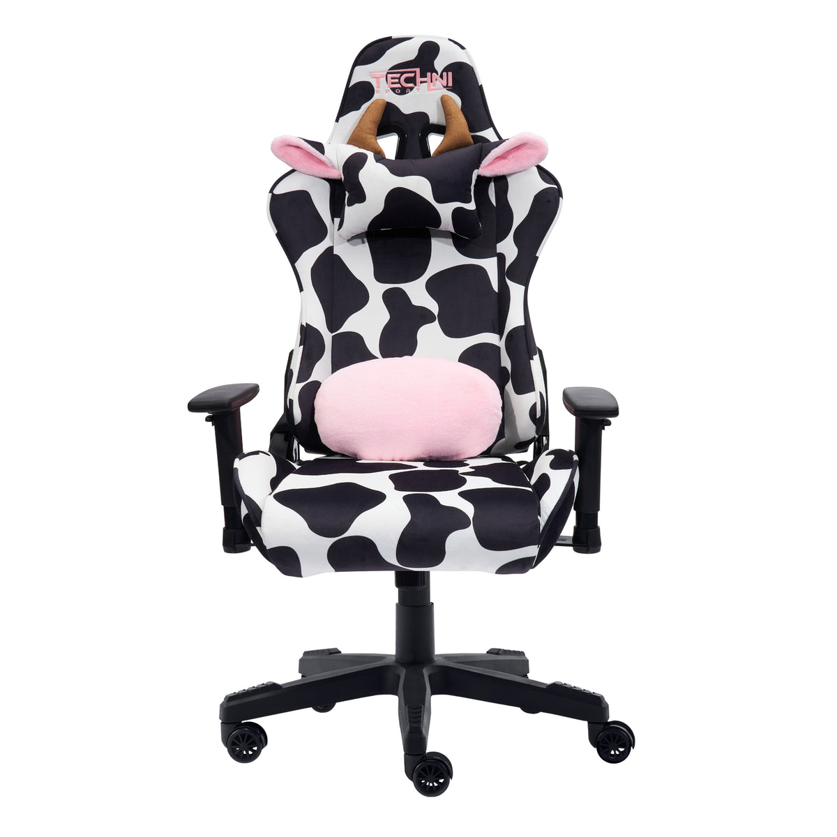 Black White & Pink Cow Print Gaming Chair | Adjustable Height, Swivel Rolling, Bold Statement