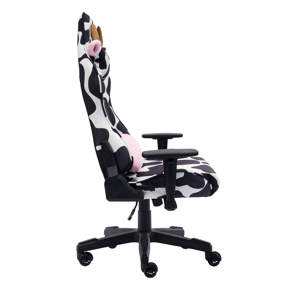 Black White & Pink Cow Print Gaming Chair | Adjustable Height, Swivel Rolling, Bold Statement