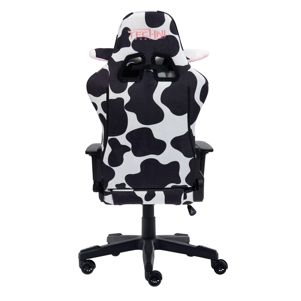 Black White & Pink Cow Print Gaming Chair | Adjustable Height, Swivel Rolling, Bold Statement