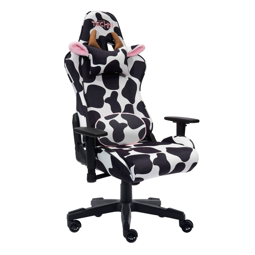Black White & Pink Cow Print Gaming Chair | Adjustable Height, Swivel Rolling, Bold Statement
