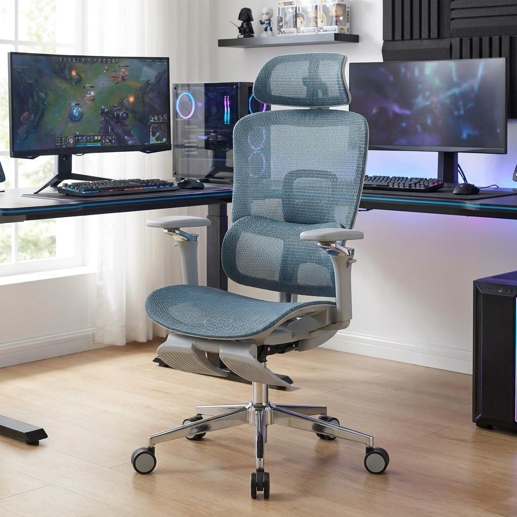 Teal Blue Adjustable Height Swivel Rolling Gaming Chair With Footrest