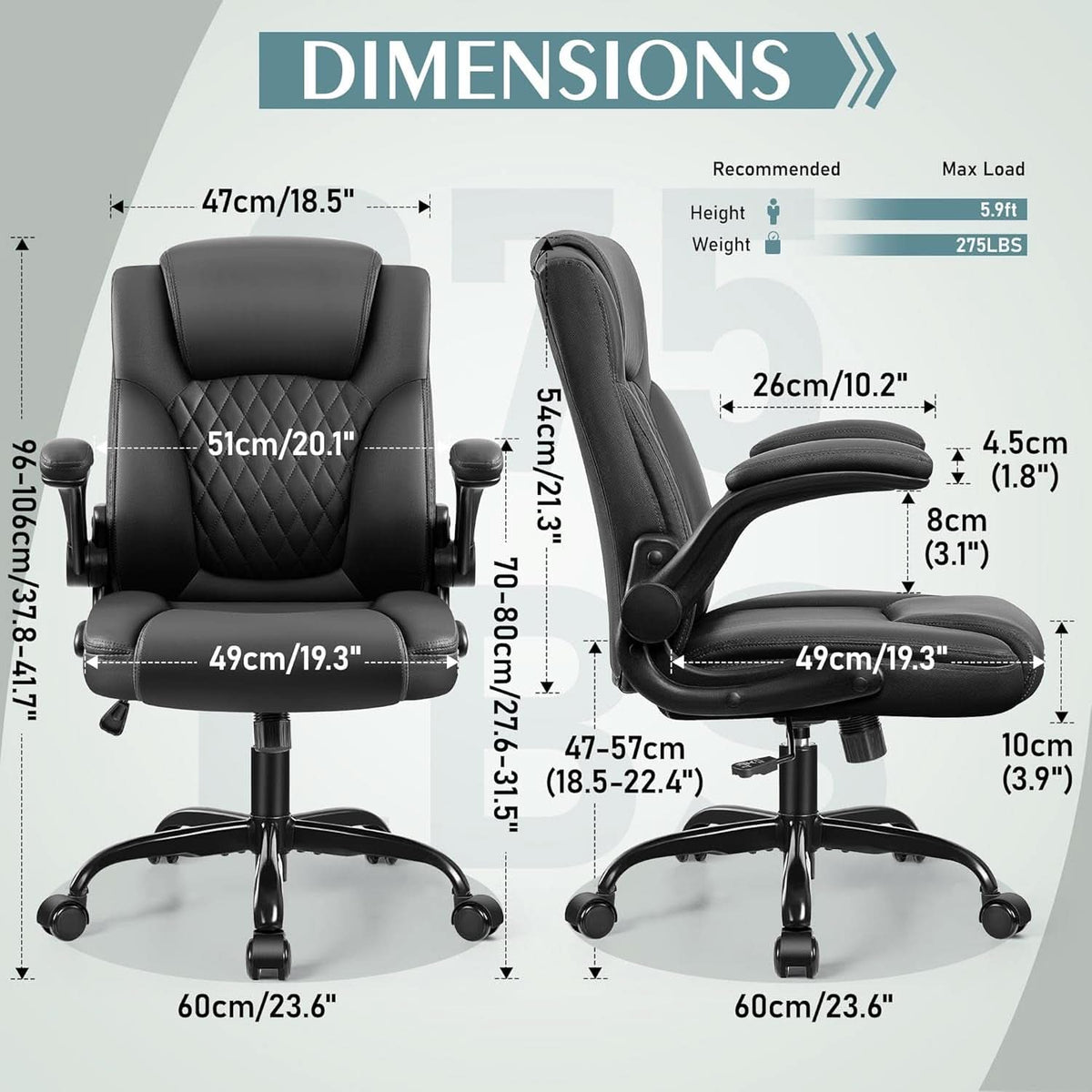 Ergonomic Leather Office Chair Adjustable Armrests Black-2