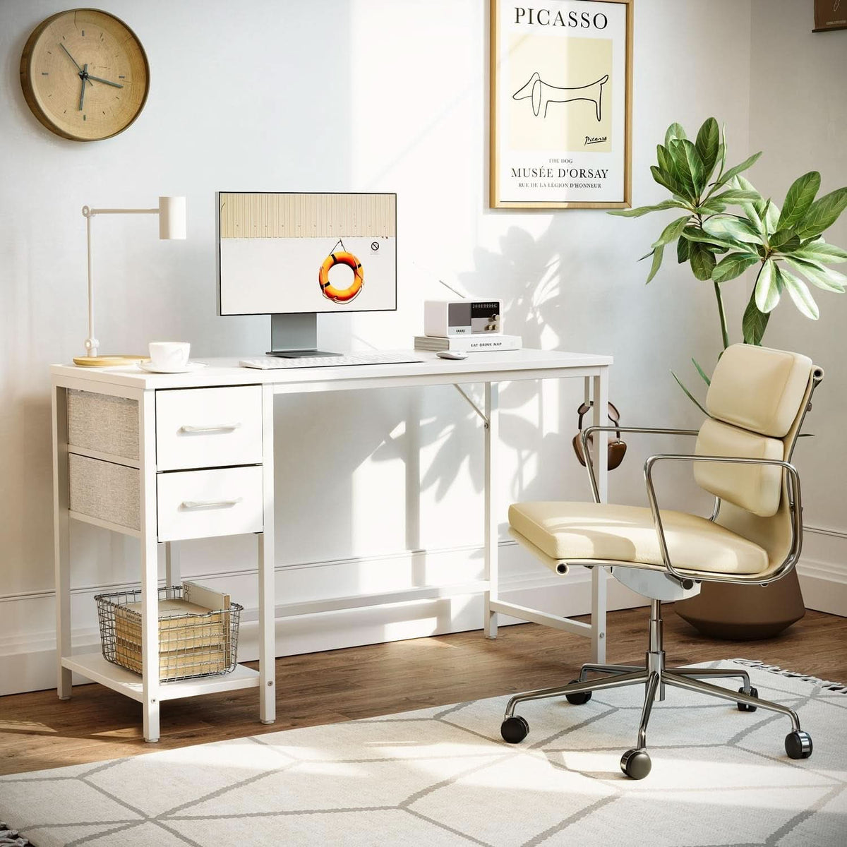 47 Inch White Ergonomic Executive Desk With Drawers-1