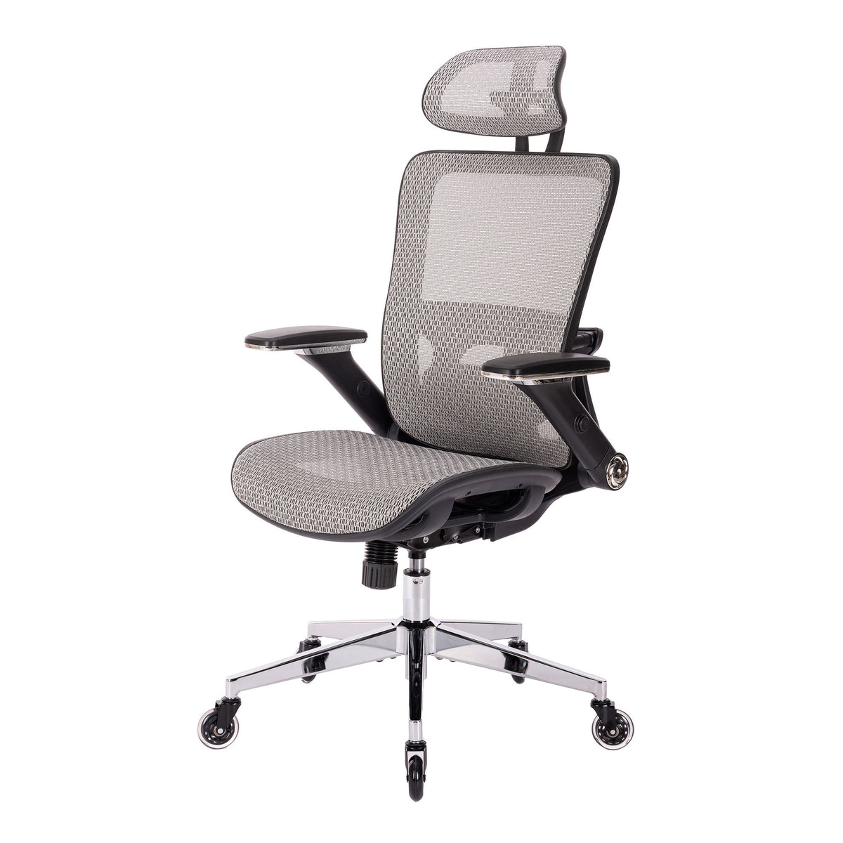 Gray High-Back Mesh Office Chair — Flip-Up Arms, Adjustable Headrest, 275 lb Capacity